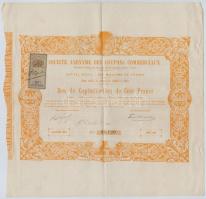 Franciaország / Párizs 1881. Kereskedelmi Részvénytársaság részvény 100Fr-ról, rajta bélyeg T:III France / Paris 1881. Commercial corporation share about 100 Francs, with stamp C:F
