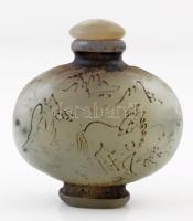 Kínai feliratos, lovat ábrázoló jade tubákos üvegcse / Chinese jade snuff flask with description and an image of a horse 6 cm