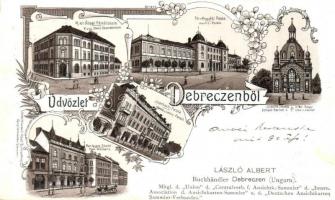 1898 Debrecen, Állami főreáliskola, Törvényszéki palota, izraelita imaház, zsinagóga, Piac tér, Iparbank palota. László Albert könyvkereskedő reklámja és kiadása. Art Nouveau, floral, litho