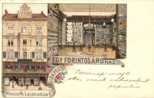 1900 Budapest V. Egy Forintos Áruház az előcsarnokkal. Kossuth Lajos utca 6. Kosmos Art Nouveau litho reklámlap / Hungarian shop advertisement s: Geiger R.