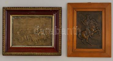 2 db falikép, bronz és réz, asztaltársaság és csikós, keretben, 15×20 cm, 18×12 cm