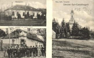 1930 Győr-Csanakhegy, Községháza, Római katolikus templom, Hangya vendéglő és szatócs üzlet. Jánossy István fényképész felvétele