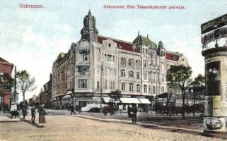 Debrecen, Első takarékpénztár palotája, Kontsek Kornél üzlete, hirdetőoszlop Donogán és Somossy és Ungár Albert reklámjával