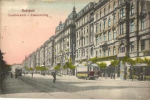 Budapest VII. Erzsébet körút, villamos lámpa reklámmal, Leopold Gyula üzlete (EK)