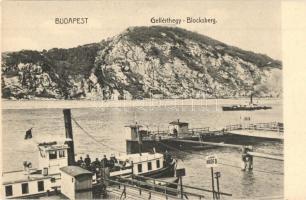 Budapest V. Lánchíd pesti hídfő, háttérben Gellért-hegy, gőzhajó