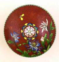 Díszes keleti zománcozott réz bonbonier, apró kopásokkal, d: 11,5 cm