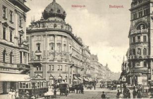 Budapest VIII. Rákóczi út (Blaha Lujza tér), villamosok, kávéház, fogorvos, drogéria (gyógyszertár), Kartschmard üzlete. Divald Károly (EK)