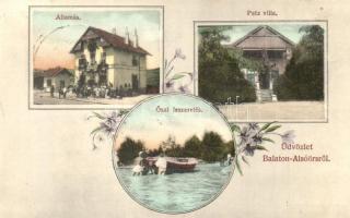 Alsóörs, Balaton-Alsóörs; a még bővítetlen vasútállomás, Petz villa, Őszi leszerelés. Szecessziós, Divald Károly fia / Floral, Art Nouveau