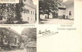 1913 Legénd, Schrecker és Takáts kastély, Mikolszburger Sándor vegyeskereskedése és saját kiadása / castles and shop