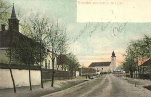 Verpelét, a mezőváros látképe, utcakép templommal a háttérben, iskola