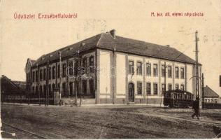 Budapest XX. Pestszenterzsébet, Pesterzsébet, Erzsébetfalva; M. kir. áll. elemi népiskola, villamos. 4392. Kiadja Zucker Jenő (EK)