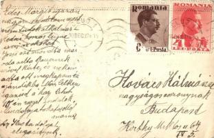 1939 Kolozsvár, Cluj; Piata Unirii / Fő tér télen, automobilok, üzletek / main square in winter, aut...