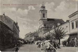 Kolozsvár, Cluj; Kossuth Lajos utca, Szász templom, üzletek, létra. W. L. 988. / street view, church, ladder, shops (kis sarokhiány / small corner shortage)