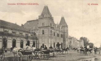 Nyíregyháza, Új vasútállomás lovaskocsikkal. Borbély Sámuel kiadása 21479. / Bahnhof / railway station