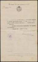 1921 Szentkirályi Miklós sátoraljai ügyészséghez beosztott gyulafehérvári ügyész fizetési besorolási értesítése, Tomcsányi Vilmos Pál (1880-1959) az első Teleki-kormány igazságügy-miniszterének (1920-1921) aláírásával, a minisztérium fejléces papírján, pecséttel