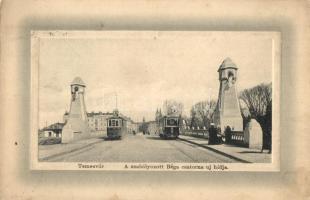 Temesvár, Timisoara; A szabályozott Béga csatorna új hídja, villamos. Ideal W. L. Bp. No. 6671. / Bega river's new bridge, tram (EK)