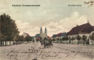 Erzsébetváros, Dumbraveni; Erzsébet utca, templom. Scholtes A. kiadása / street view, church (r)