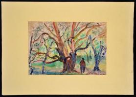 Antal Irén (1903-1999): Erdőben, akvarell, papír, jelzett, paszpartuban, 28×41 cm