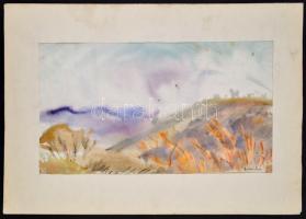 Antal Irén (1903-1999): Őszi dombok, akvarell, papír, jelzett, paszpartuban, 27×48 cm
