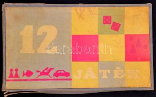 12 Játék, eredeti viseltes dobozában, 12 táblával, 30 bábuval, egy kockával, változó, többnyire kopo...