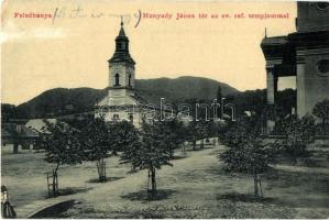 Felsőbánya, Baia Sprie; Hunyady János tér, Református templom. 2353. H. Riedl E. kiadása / square, Calvinist church (Rb)