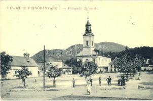 Felsőbánya, Baia Sprie; Hunyady János tér, Református templom. W. L. Bp. 2347. / square, Calvinist church (EK)