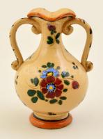 Virágmintás mázas kerámia füles váza, jelzett, kopásokkal, m: 17,5 cm