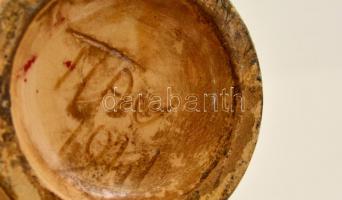 Virágmintás mázas kerámia füles váza, jelzett, kopásokkal, m: 17,5 cm