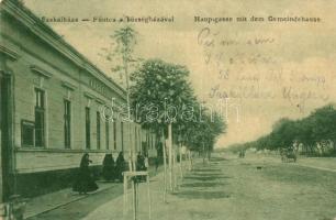 Szakálháza, Sacalaz; Hauptgasse mit dem Gemeindehaus / Fő utca, Községháza. Kiadja Feszl József / main street, shop (EK)