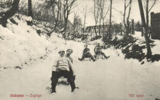 Budapest XII. Zugliget, Téli sport szánkózókkal / winter sport, sledding  (EK)