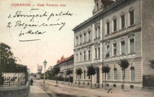 1911 Komárom, Komárnó; Deák Ferencz utca víztoronnyal a háttérben, Nagy Mihály bérpalota / street view, watertower in the background, mansions