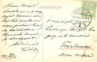 1911 Komárom, Komárnó; Deák Ferencz utca víztoronnyal a háttérben, Nagy Mihály bérpalota / street vi...