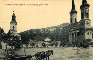 1909 Felsőbánya, Baia Sprie, Mittelstadt; Hunyadi János tér, templomok. Bonis Sándor kiadása / square with churches