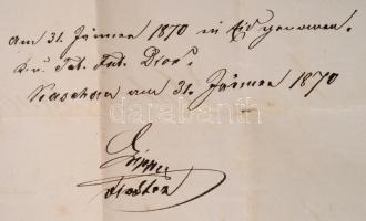 1869 Lónyay Menyhért (1822-1884) pénzügyminiszter saját kézzel aláírt kinevezési okmány dohánygyári ...