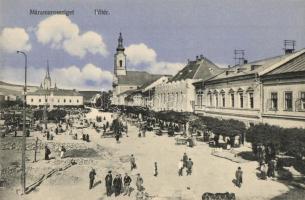 Máramarossziget, Sighetu Marmatiei; Fő tér, piac, árusok, templom. Wizner és Dávid kiadása / main square, market, vendors, church