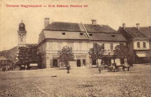 1909 Nagybánya, Baia Mare; II. Rákóczi Ferenc tér, templom, Schreiber és társa lisztraktára, Frenke és Vajda üzlete. W.L. 2363. / square, church, shops (fl)