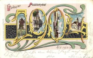 1904 Pozsony, Pressburg, Bratislava; Szecessziós Üdvözlőlap. Mária Terézia szobor, Fő tér, városháza, színház, Duna rakpart / statue, quay, town hall, main square, theatre. Art Nouveau litho Greeting card (EK)