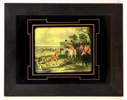 cca 1900 Rókavadászat, színes litográfia, Francis Calcraft Turner Bachelors Hall: Fox Hunting című festménye alapján, üvegezett fa keretben, 36×28 cm