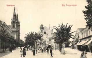 Komárom, Komárno; Szentháromság tér és szobor, templom, Löwinger és Neu üzlete / square and statue, shops, church (EK)