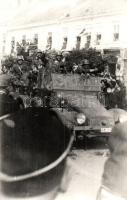 1940 Szatmárnémeti, Satu Mare; bevonulás, katonák terepjáróban / entry of the Hungarian troops. soldiers in military truck. So. Stpl, Original photo!