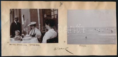 1904 Siófok, Nyaralás életképei, egyiken az étterem falán hirdetett művészest szereplőivel, 2 db fotó, feliratozva, 8,5x11,5 cm