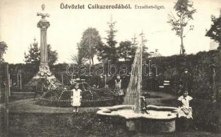 Csíkszereda, Miercurea Ciuc; Erzsébet liget és szobor, szökőkút. Vákár L. kiadása / park, statue and fountain