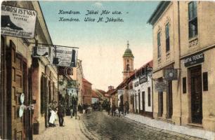 Komárom, Komárno; Jókai Mór utca, Körösi István, Bartha Ferencz, Tamasek Lajos üzlete, kerékpár / street view, shops, bicycle (Rb)