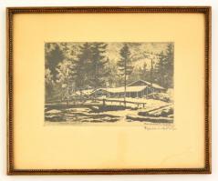 Baranszky Emil László (1877-1941): Patakparton télidőben, rézkarc, papír, jelzett, üvegezett fa keretben, 14×20 cm