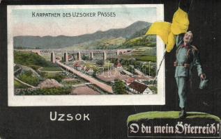 Uzsok, Uzhok; Uzsoki-szoros a viadukttal, Hazafias katona montázs / Karpathen des Uzsoker Passes. O du meon Österreich! / gorge with viaduct. Patriotic soldier montage