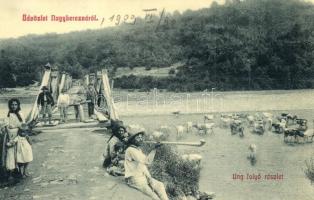 1909 Nagyberezna, Velykyi Bereznyi, Velky Berezny; híd az Ung folyón, tehenek itatása. W.L. 2786. / bridge on the Uzh River, drinking cows