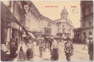1908 Arad, Atzél Péter utca, Központi Divatáruház, Erdős és óra-ékszer üzlet. W.L. 494. / street view with shops