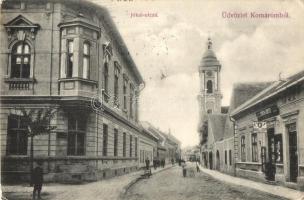 Komárom, Komárno; Jókai Mór utca, Girch József üzlete, templom. Spitzer Sándor kiadása / street view, shop, church (EK)