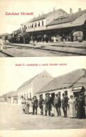 1907 Tövis, Teius, Dreikirchen; vasútállomás gőzmozdonnyal, Krafft S. vendéglője az állomás mellett / Bahnhof / railway station and restaurant (megerősített sarkak / restored corners)