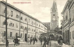 1919 Szászváros, Broos, Orastie; utcakép templommal, üzlet. Adler fényirda / street view with church and shop